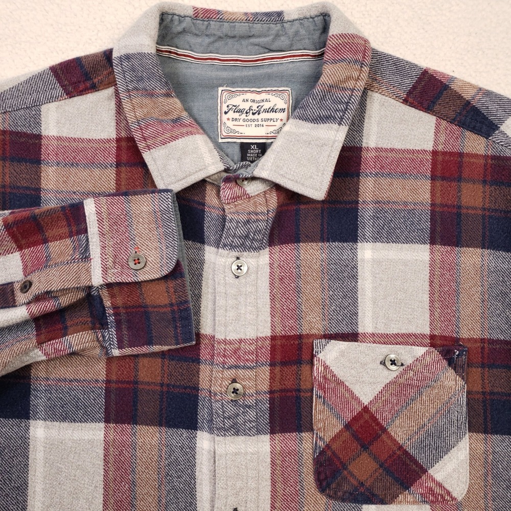 Flag‎ and Anthem Flannel Button Up Shirt Mens XL Short Gray Red Tartan Plaid